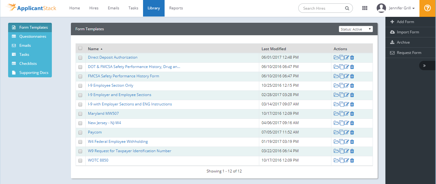 Library Tab in ApplicantStack Onboard