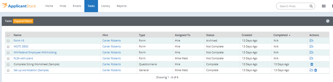 Hire Detail Page in ApplicantStack Onboard